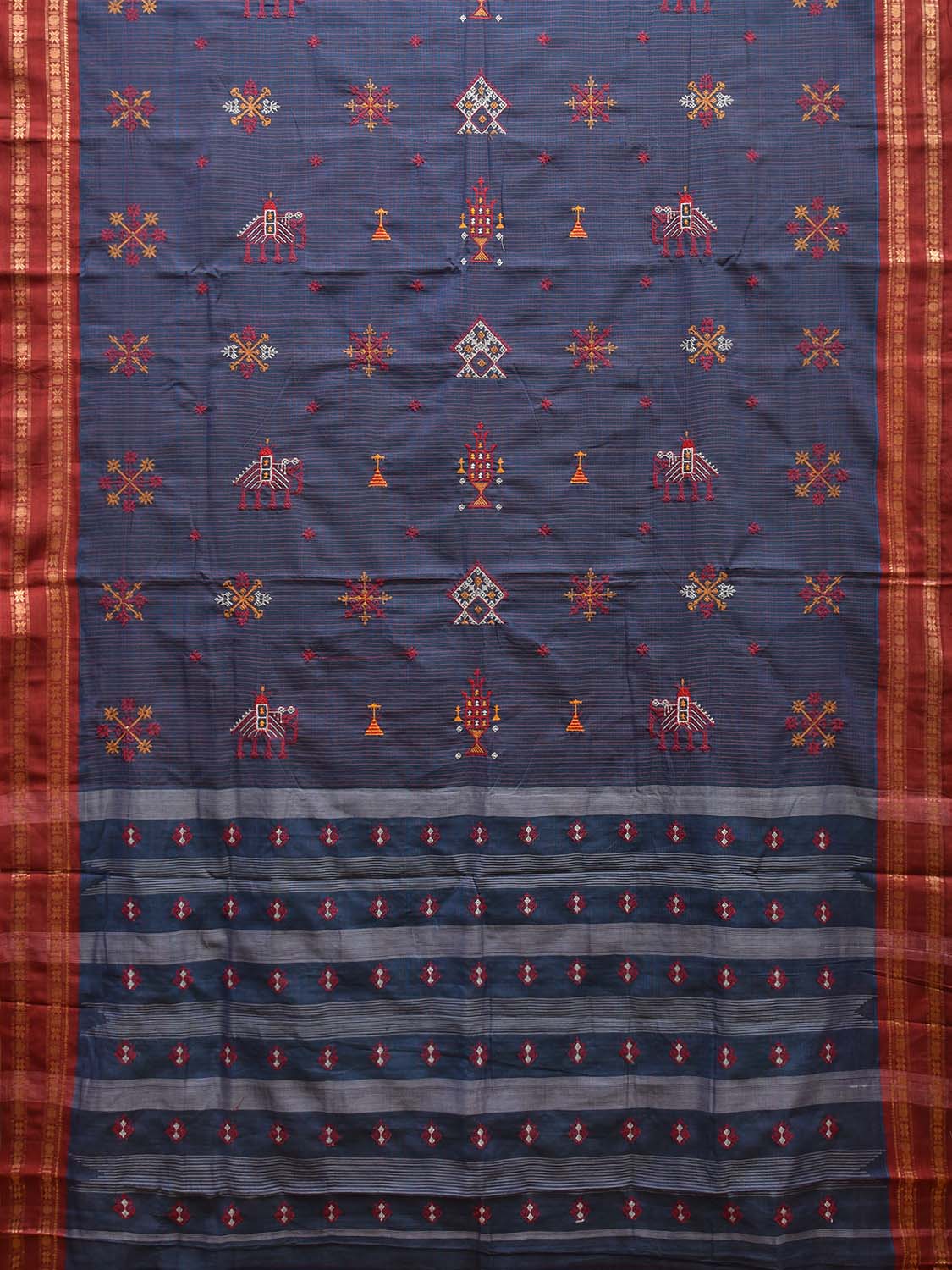 Dark Blue and Red Narayanpet Cotton Handloom Saree with Kasuti Work Design o0579