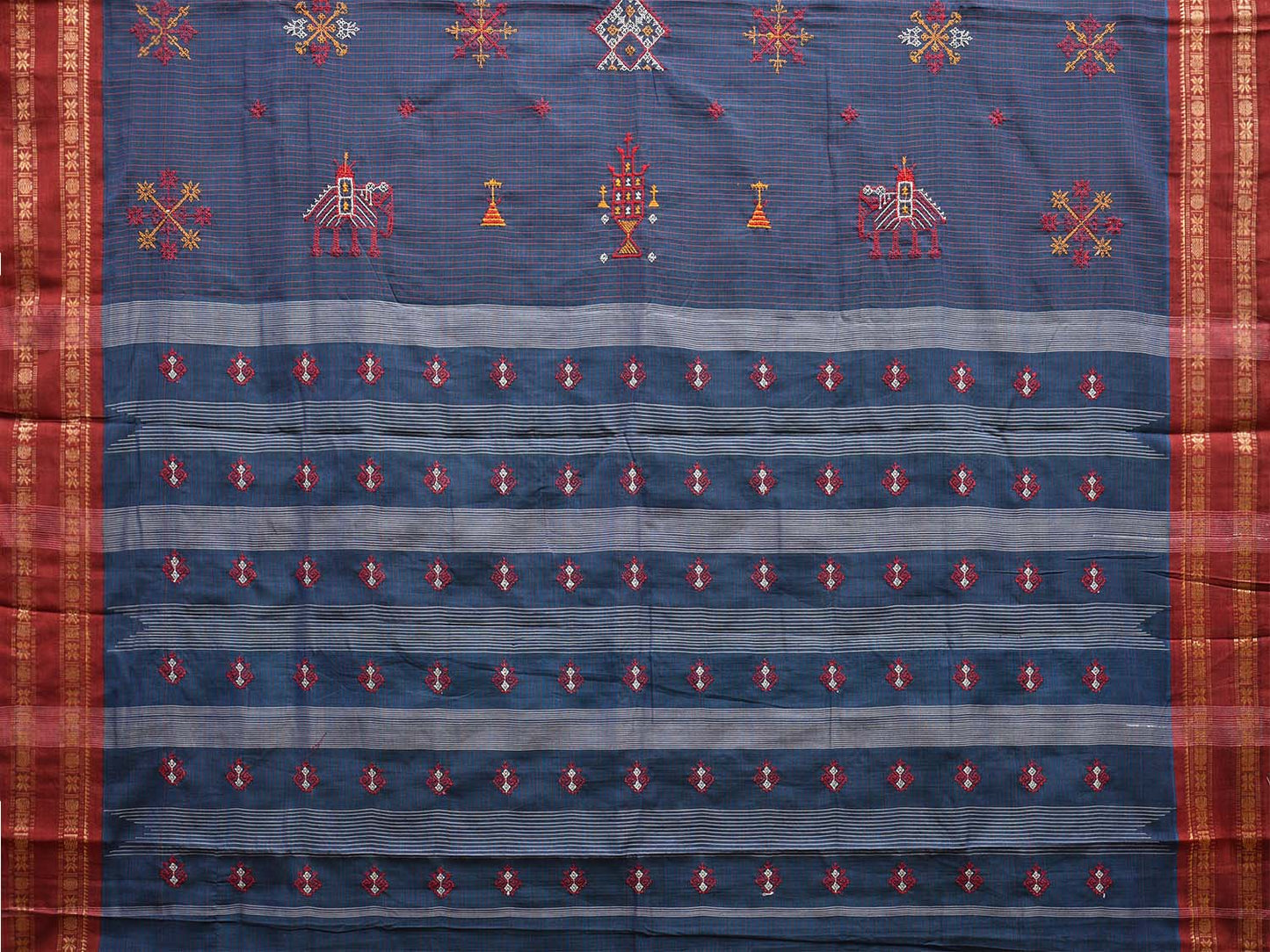 Dark Blue and Red Narayanpet Cotton Handloom Saree with Kasuti Work Design o0579