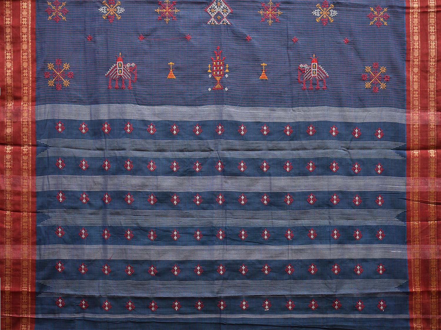 Dark Blue and Red Narayanpet Cotton Handloom Saree with Kasuti Work Design o0579
