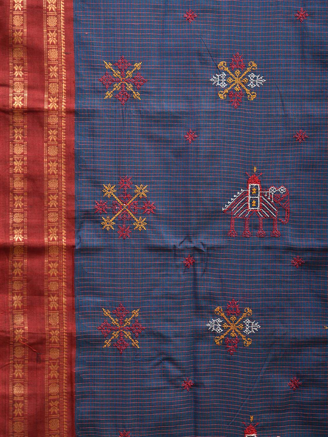 Dark Blue and Red Narayanpet Cotton Handloom Saree with Kasuti Work Design o0579