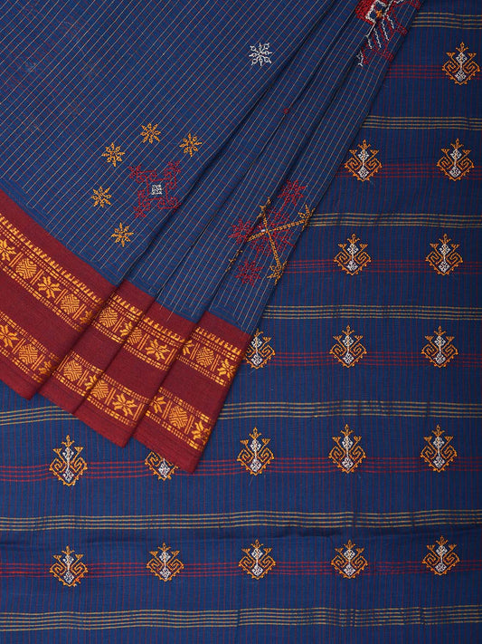 Dark Blue and Red Narayanpet Cotton Handloom Saree with Kasuti Work Design o0581