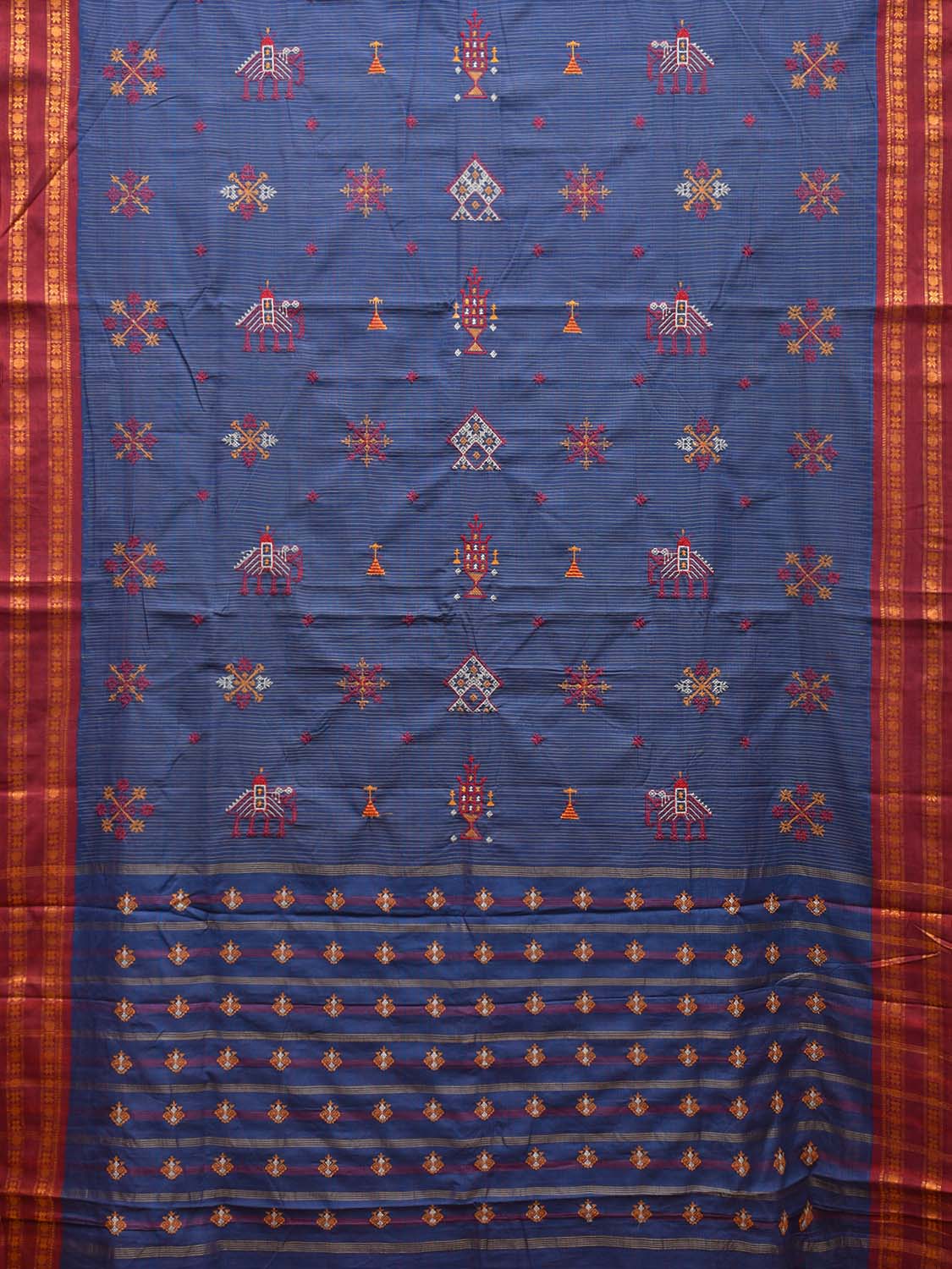 Dark Blue and Red Narayanpet Cotton Handloom Saree with Kasuti Work Design o0581