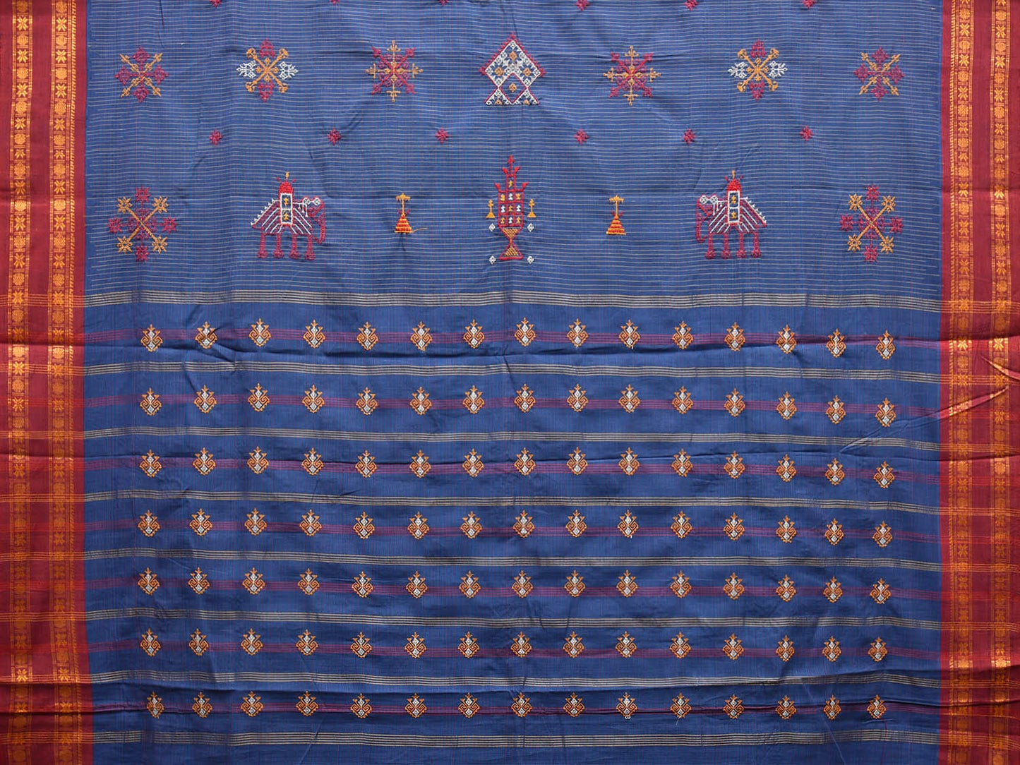 Dark Blue and Red Narayanpet Cotton Handloom Saree with Kasuti Work Design o0581