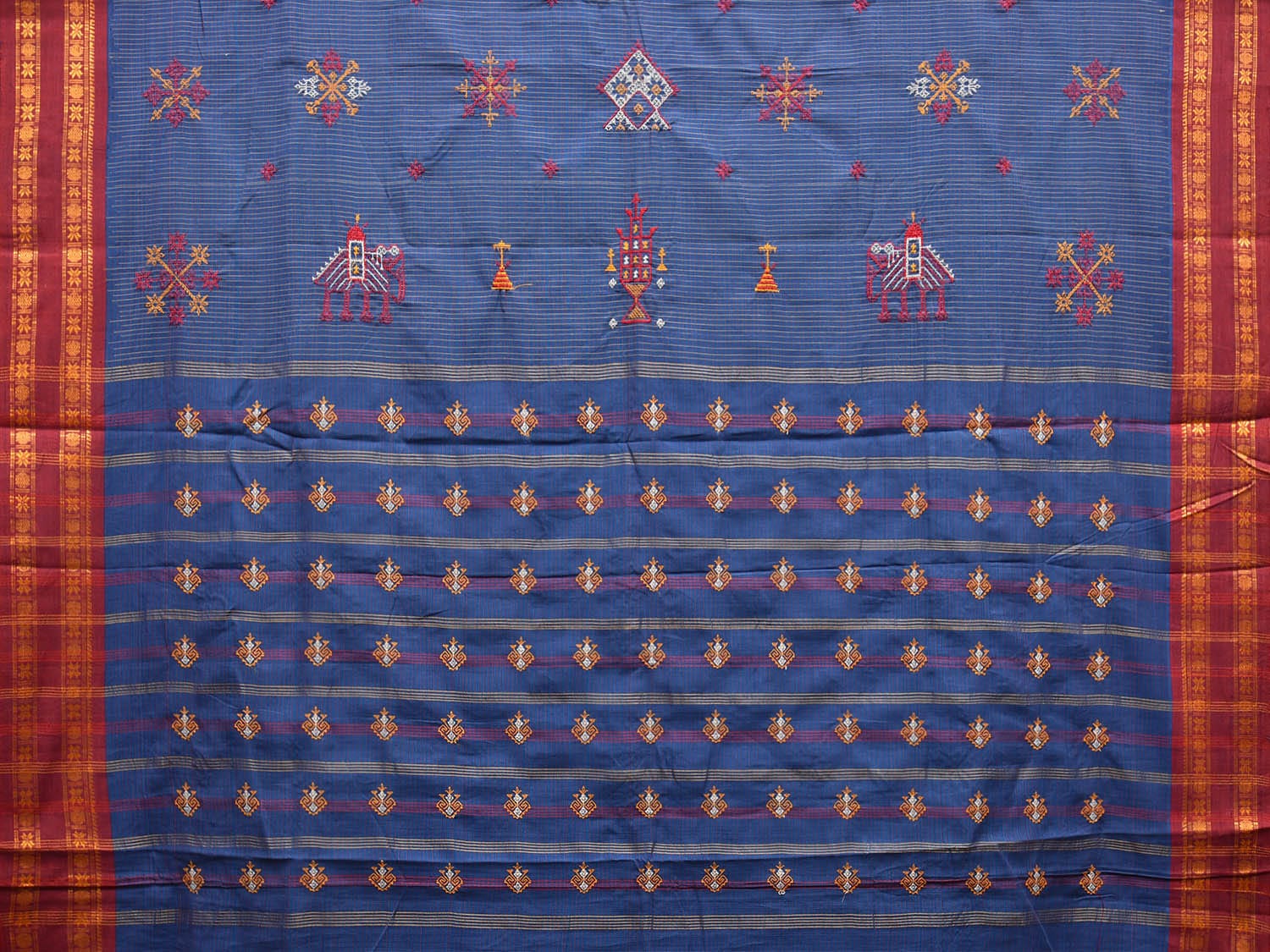 Dark Blue and Red Narayanpet Cotton Handloom Saree with Kasuti Work Design o0581