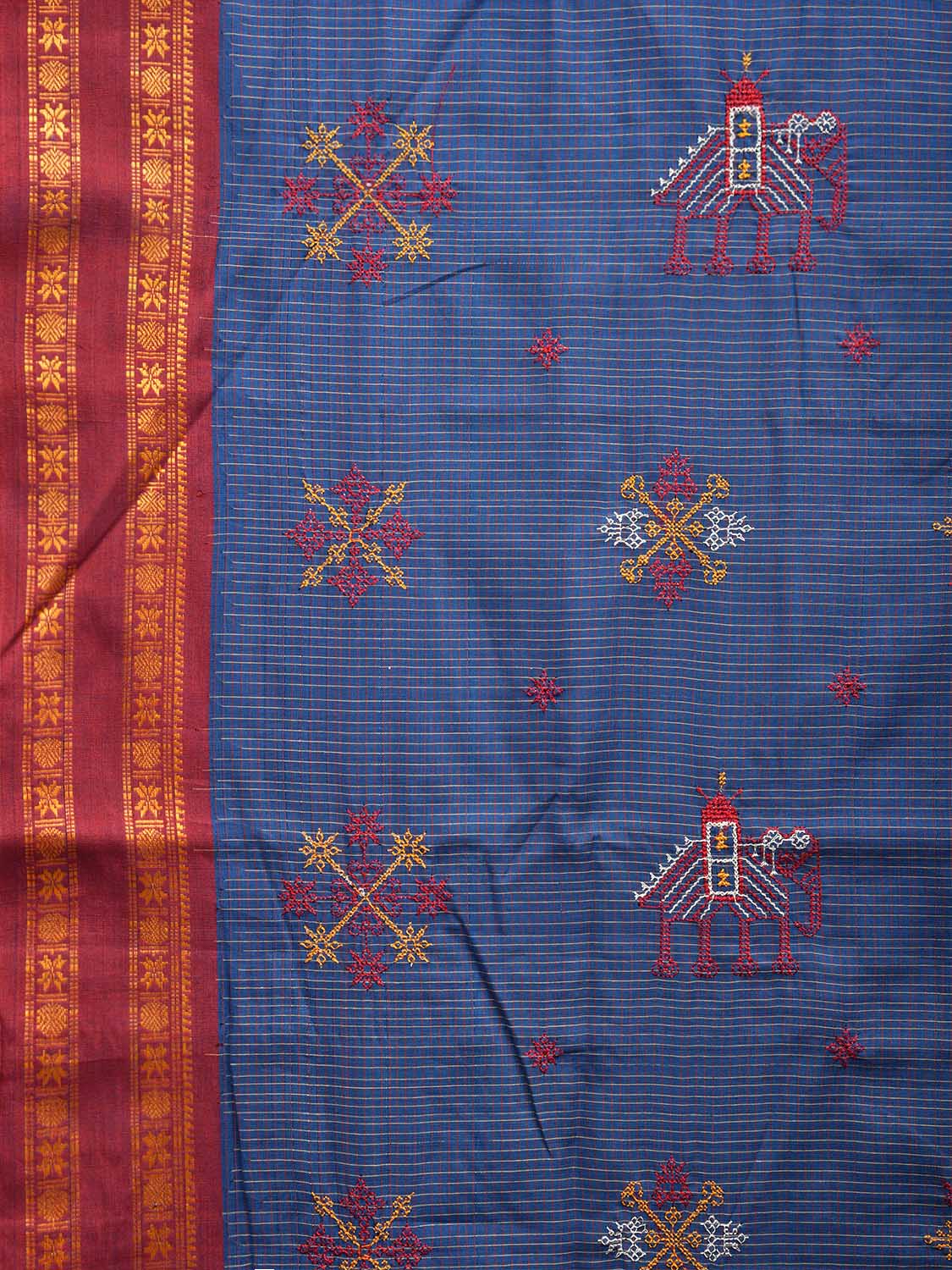 Dark Blue and Red Narayanpet Cotton Handloom Saree with Kasuti Work Design o0581