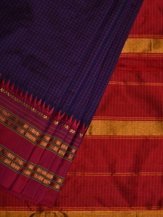 Dark Blue and Red Narayanpet Silk Handloom Saree with Checks Design No Blouse np0443
