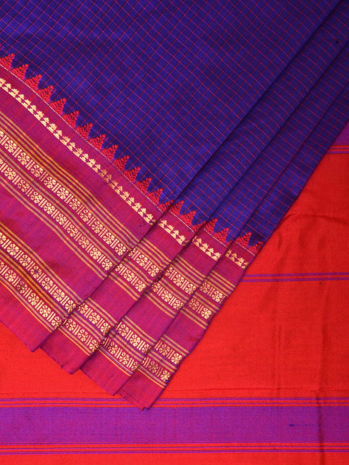 Dark Blue and Red Narayanpet Silk Handloom Saree with Checks Design np0940