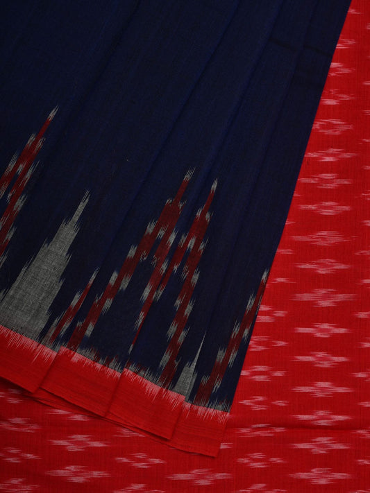 Dark Blue and Red Pochampally Ikat Cotton Handloom Saree with Big Temple Border Design i0653