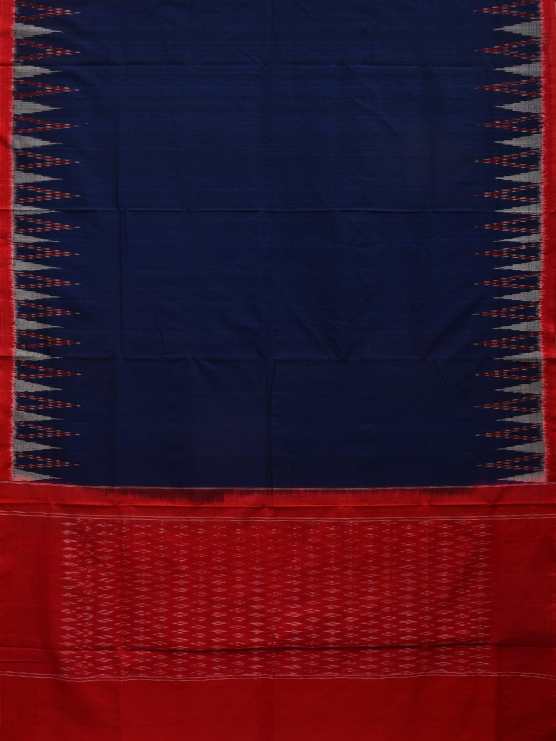 Dark Blue and Red Pochampally Ikat Cotton Handloom Saree with Big Temple Border Design i0653