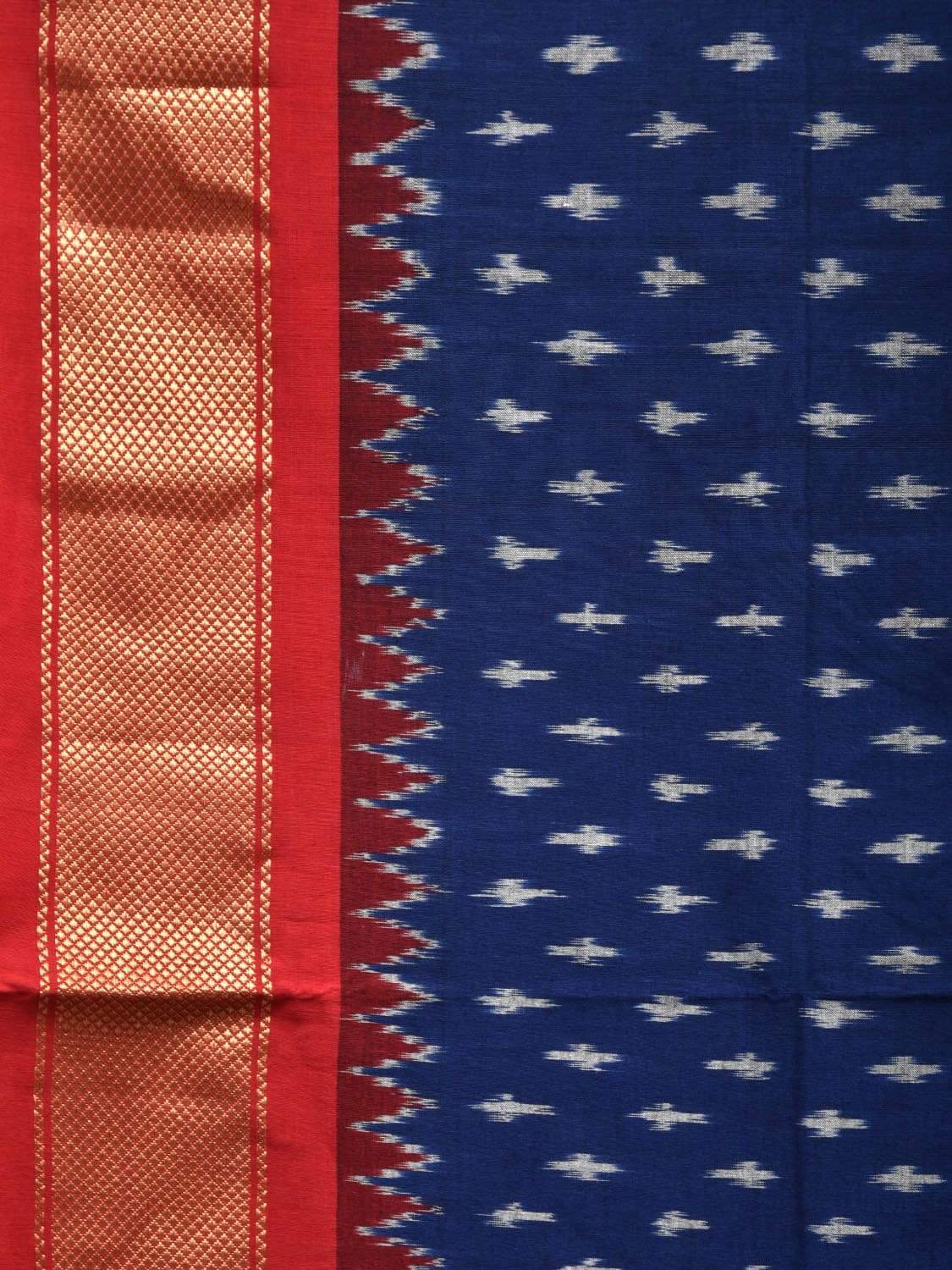 Dark Blue and Red Pochampally Ikat Cotton Handloom Saree with Zari Border Design i0629