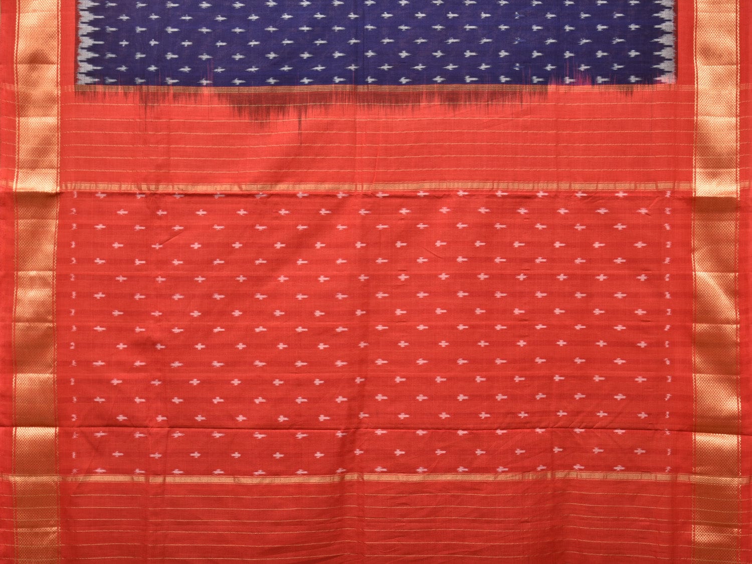 Dark Blue and Red Pochampally Ikat Cotton Handloom Saree with Zari Border Design i0790