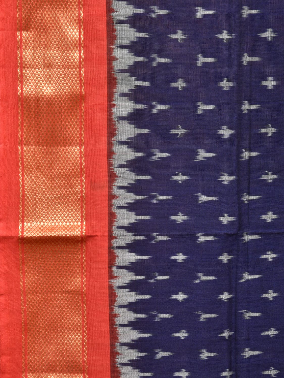 Dark Blue and Red Pochampally Ikat Cotton Handloom Saree with Zari Border Design i0790