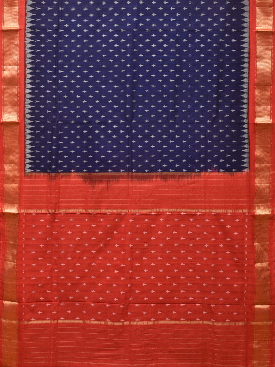 Dark Blue and Red Pochampally Ikat Cotton Handloom Saree with Zari Border Design i0790