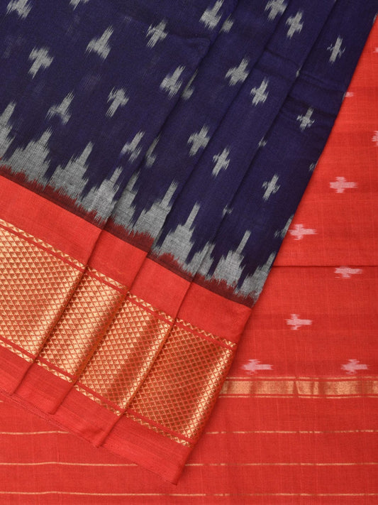 Dark Blue and Red Pochampally Ikat Cotton Handloom Saree with Zari Border Design i0790