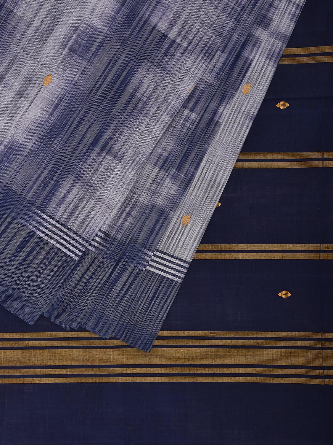 Dark Blue and White Venkatagiri Cotton Saree with Strips Pallu and Ikat Style Design v0131