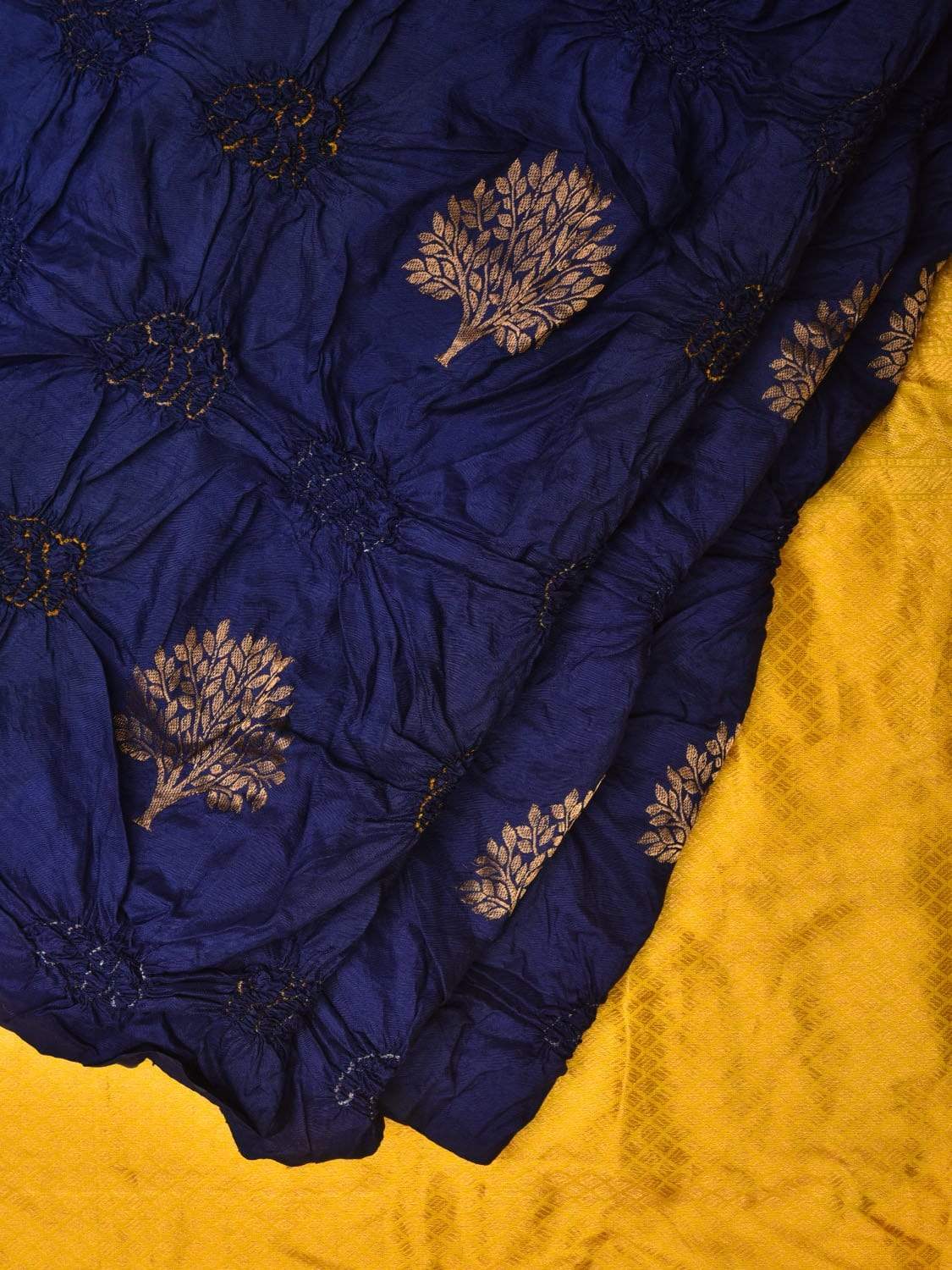 Dark Blue and Yellow Bandhani Kanchipuram Silk Handloom Saree with Tree Buta Design bn0205