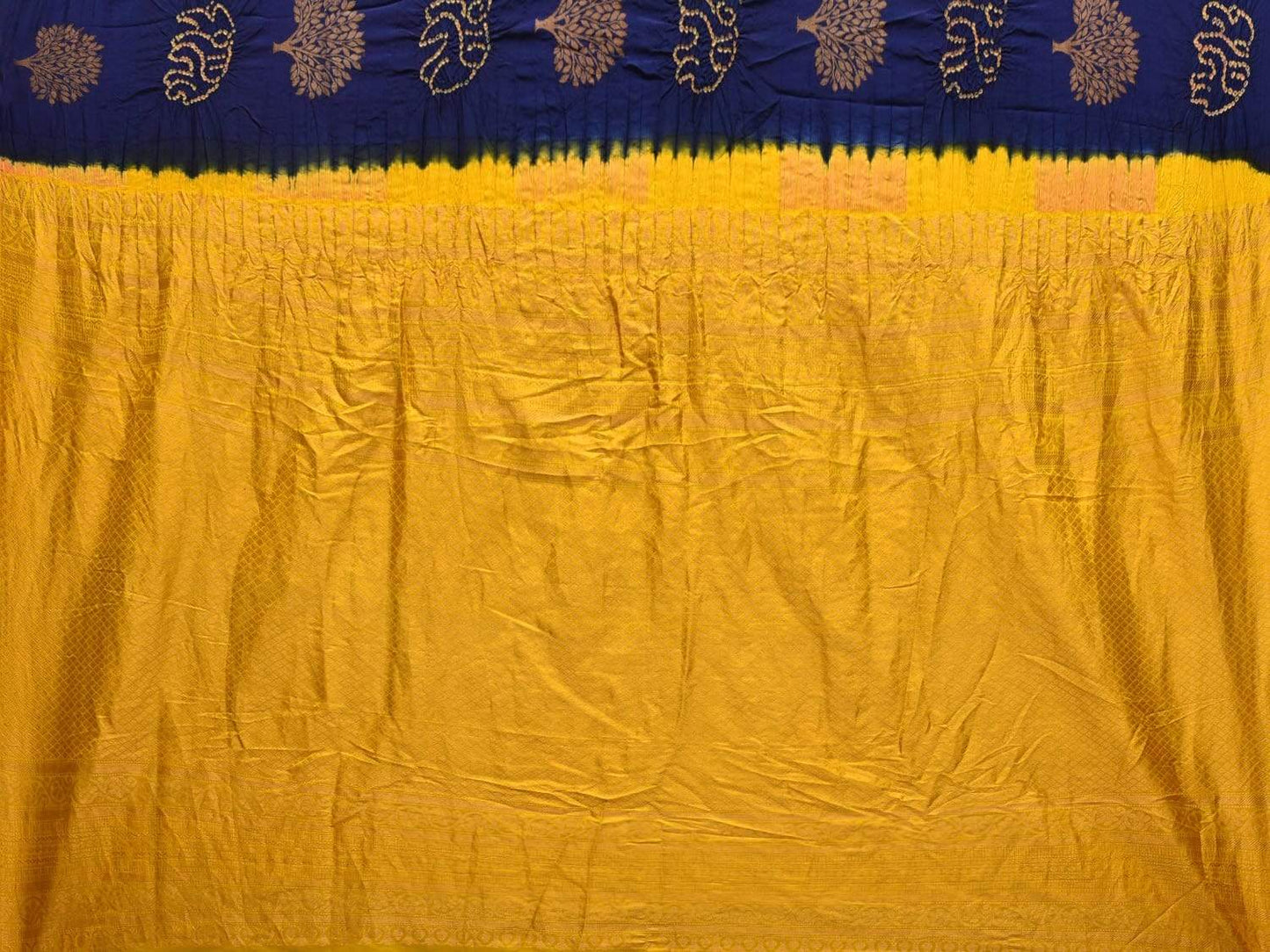 Dark Blue and Yellow Bandhani Kanchipuram Silk Handloom Saree with Tree Buta Design bn0205