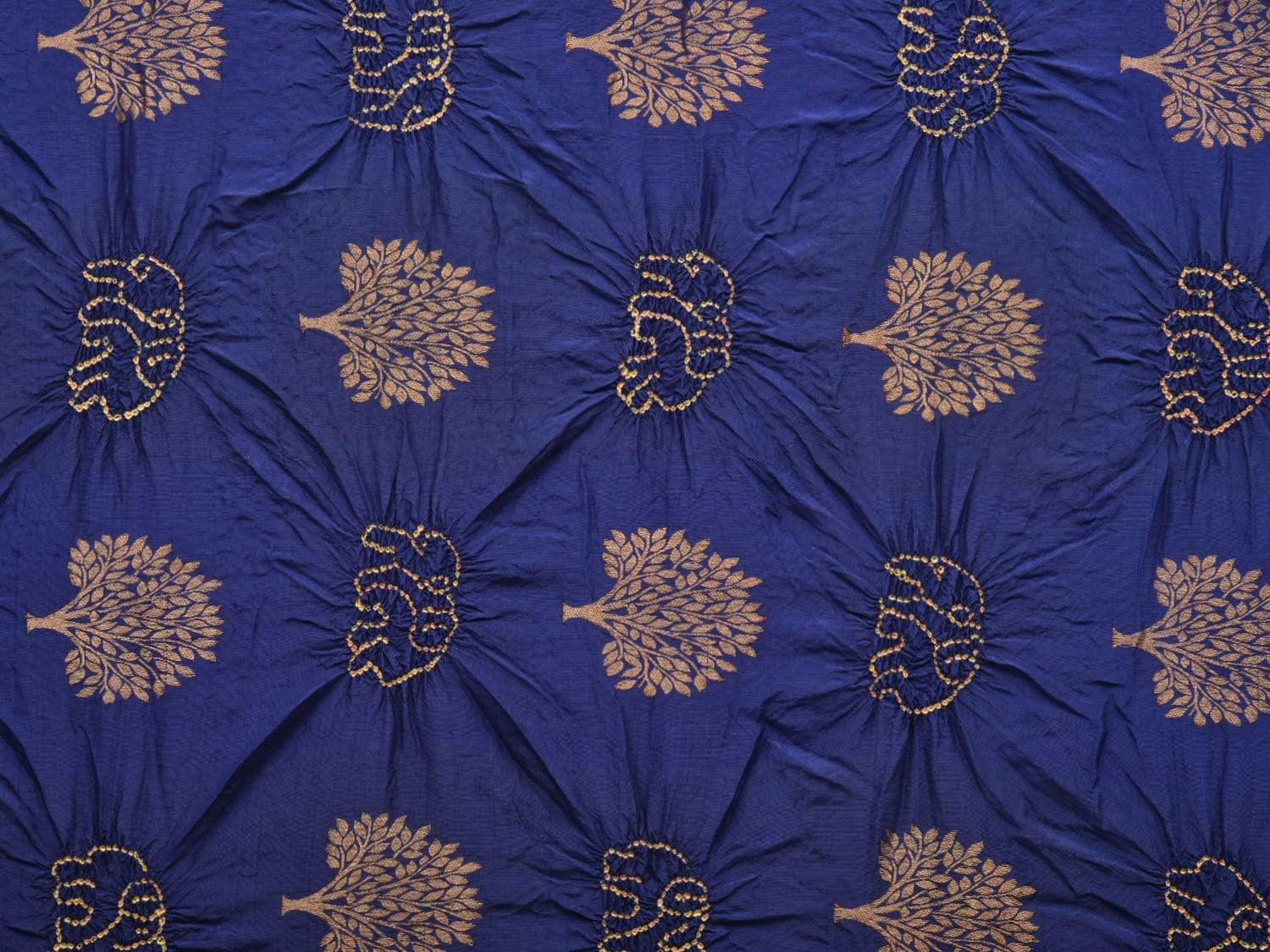 Dark Blue and Yellow Bandhani Kanchipuram Silk Handloom Saree with Tree Buta Design bn0205