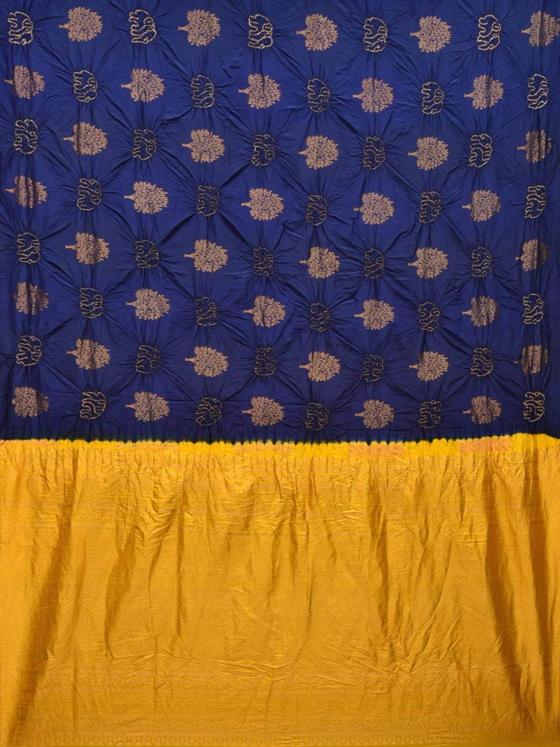 Dark Blue and Yellow Bandhani Kanchipuram Silk Handloom Saree with Tree Buta Design bn0205