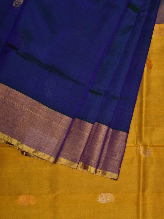 Dark Blue and Yellow Uppada Silk Handloom Saree with Buta and Contrast Pallu Design u1810