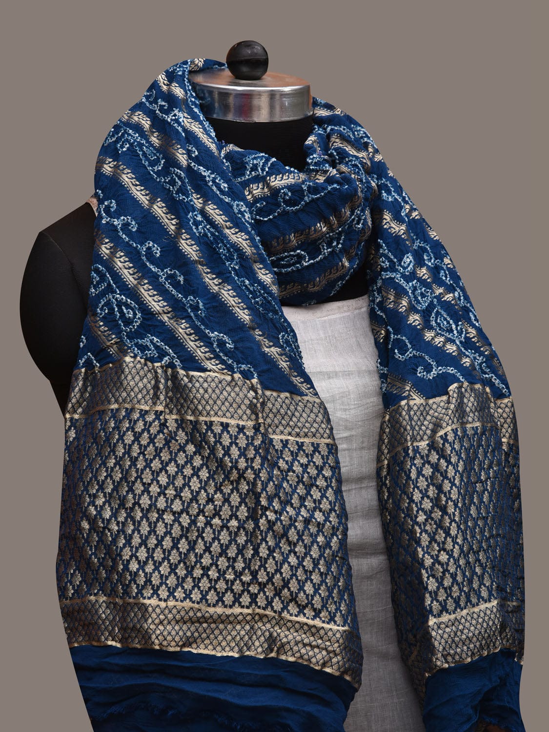 Dark Blue Bandhani Banaras Georgette Dupatta with Diagonal Design ds2914
