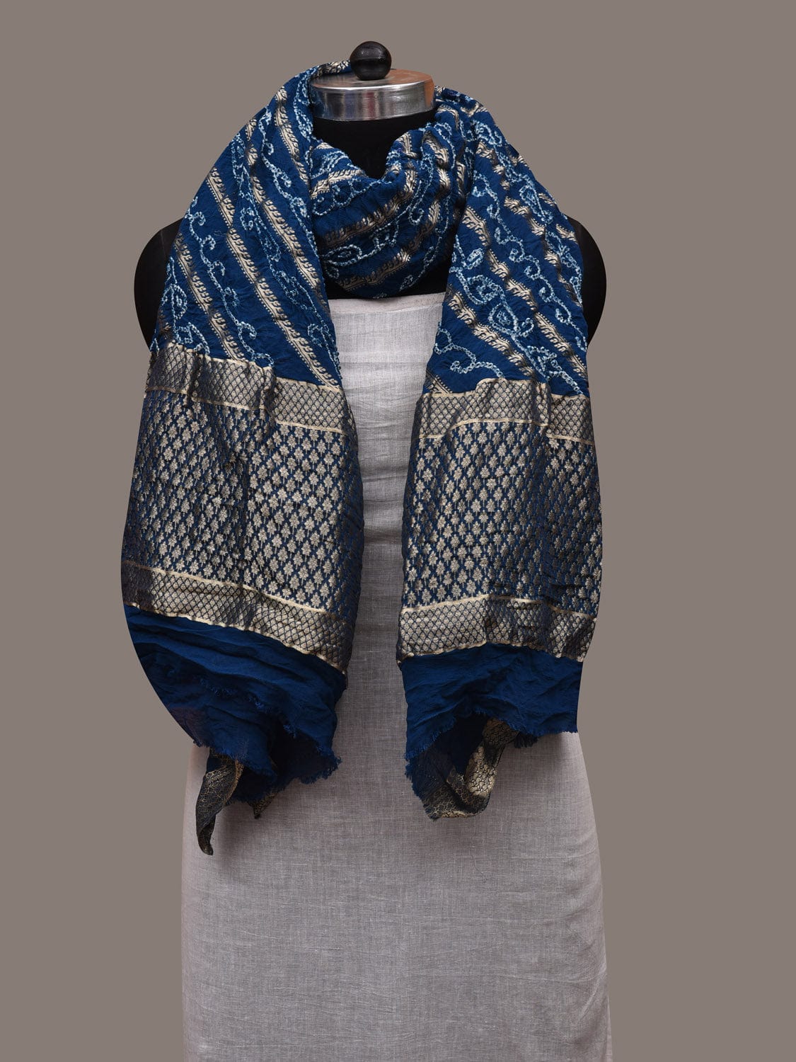 Dark Blue Bandhani Banaras Georgette Dupatta with Diagonal Design ds2914