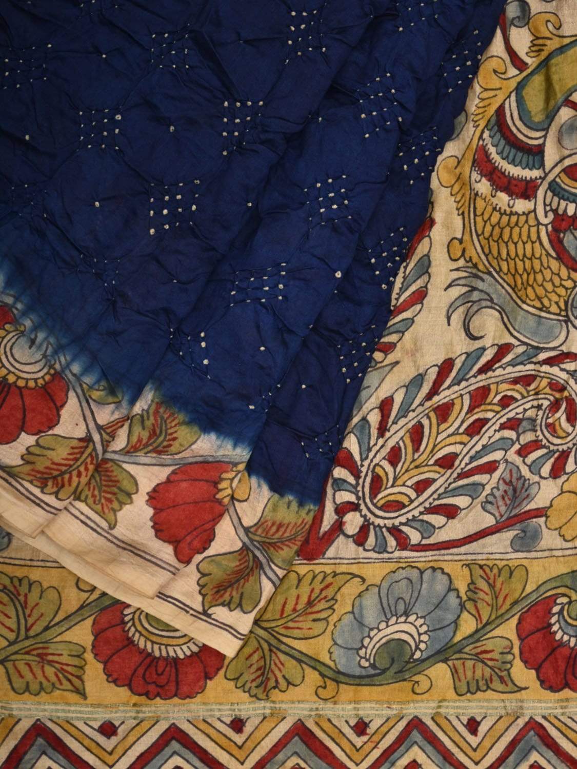 Dark Blue Bandhani Kalamkari Silk Handloom Saree with Border and Pallu Design bn0286
