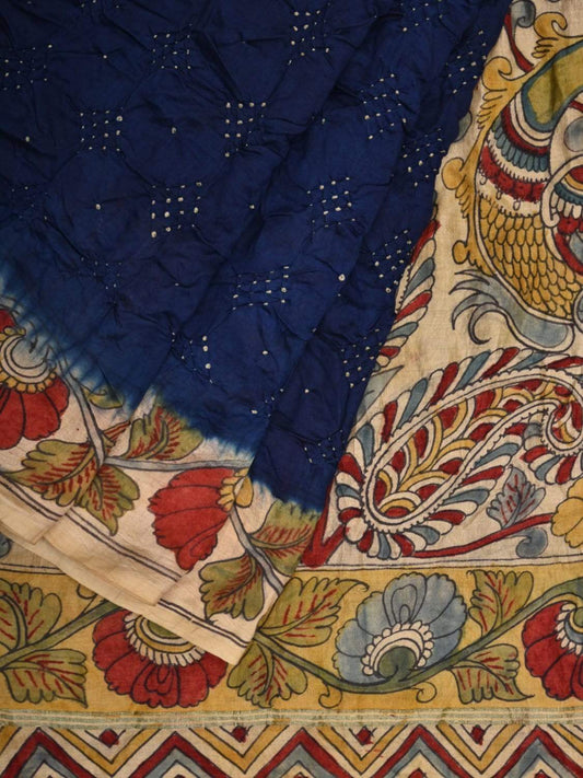 Dark Blue Bandhani Kalamkari Silk Handloom Saree with Border and Pallu Design bn0286