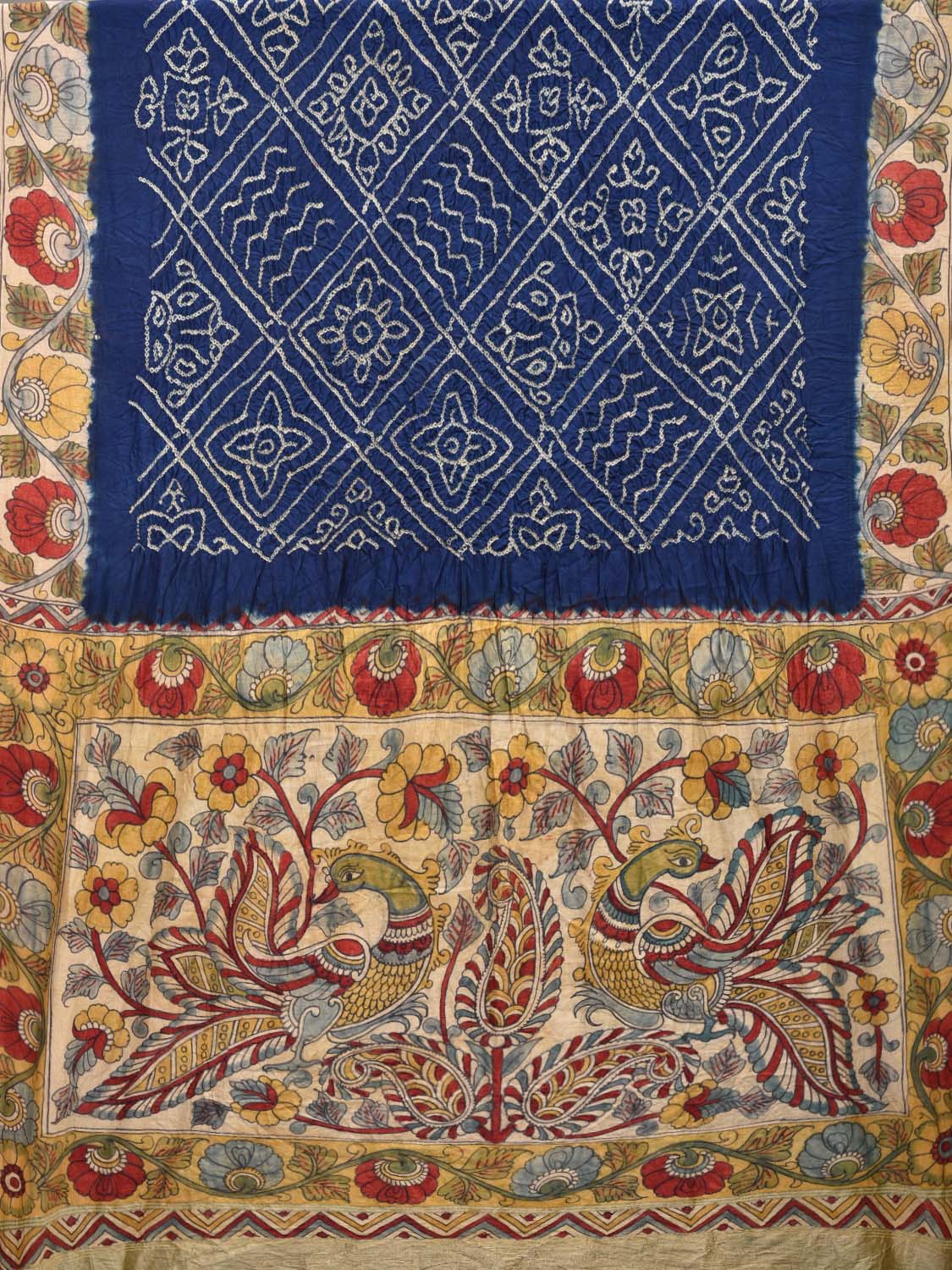 Dark Blue Bandhani Kalamkari Silk Handloom Saree with Border and Pallu Design bn0286