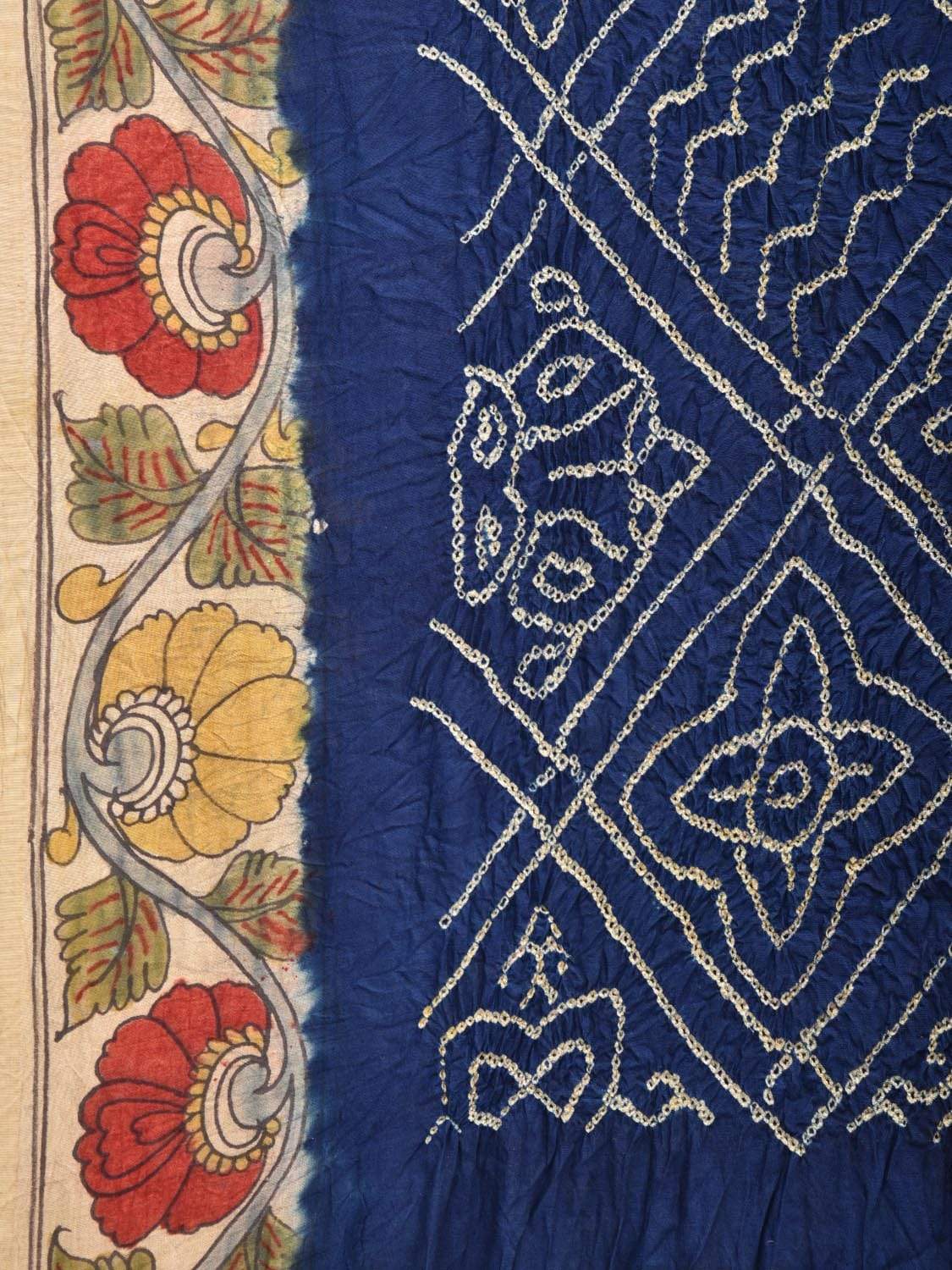 Dark Blue Bandhani Kalamkari Silk Handloom Saree with Border and Pallu Design bn0286