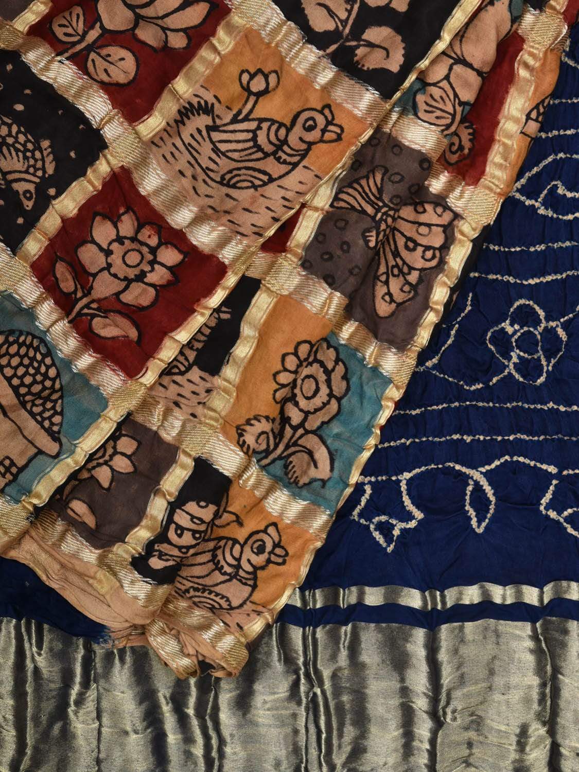 Dark Blue Bandhani Kalamkari Silk Handloom Saree with Checks Design bn0288