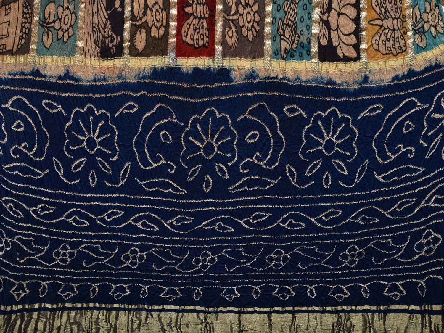 Dark Blue Bandhani Kalamkari Silk Handloom Saree with Checks Design bn0288