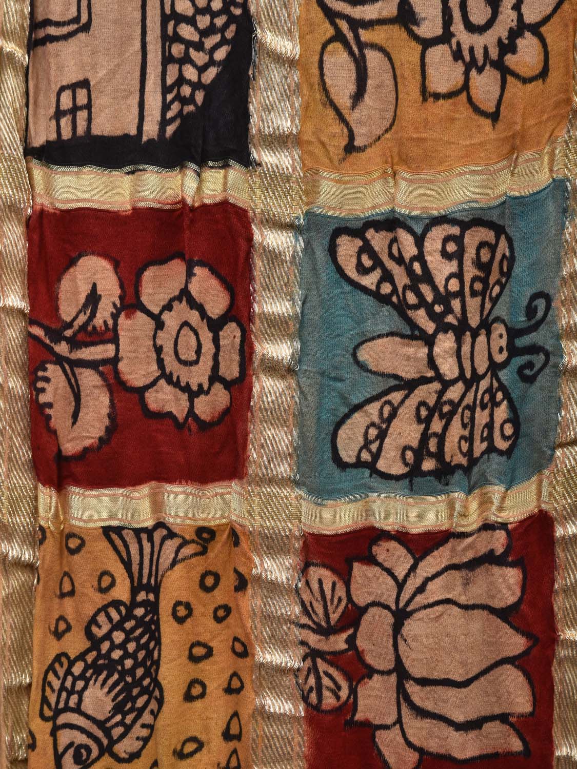 Dark Blue Bandhani Kalamkari Silk Handloom Saree with Checks Design bn0288