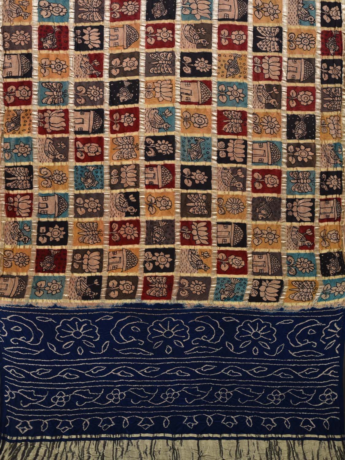 Dark Blue Bandhani Kalamkari Silk Handloom Saree with Checks Design bn0288