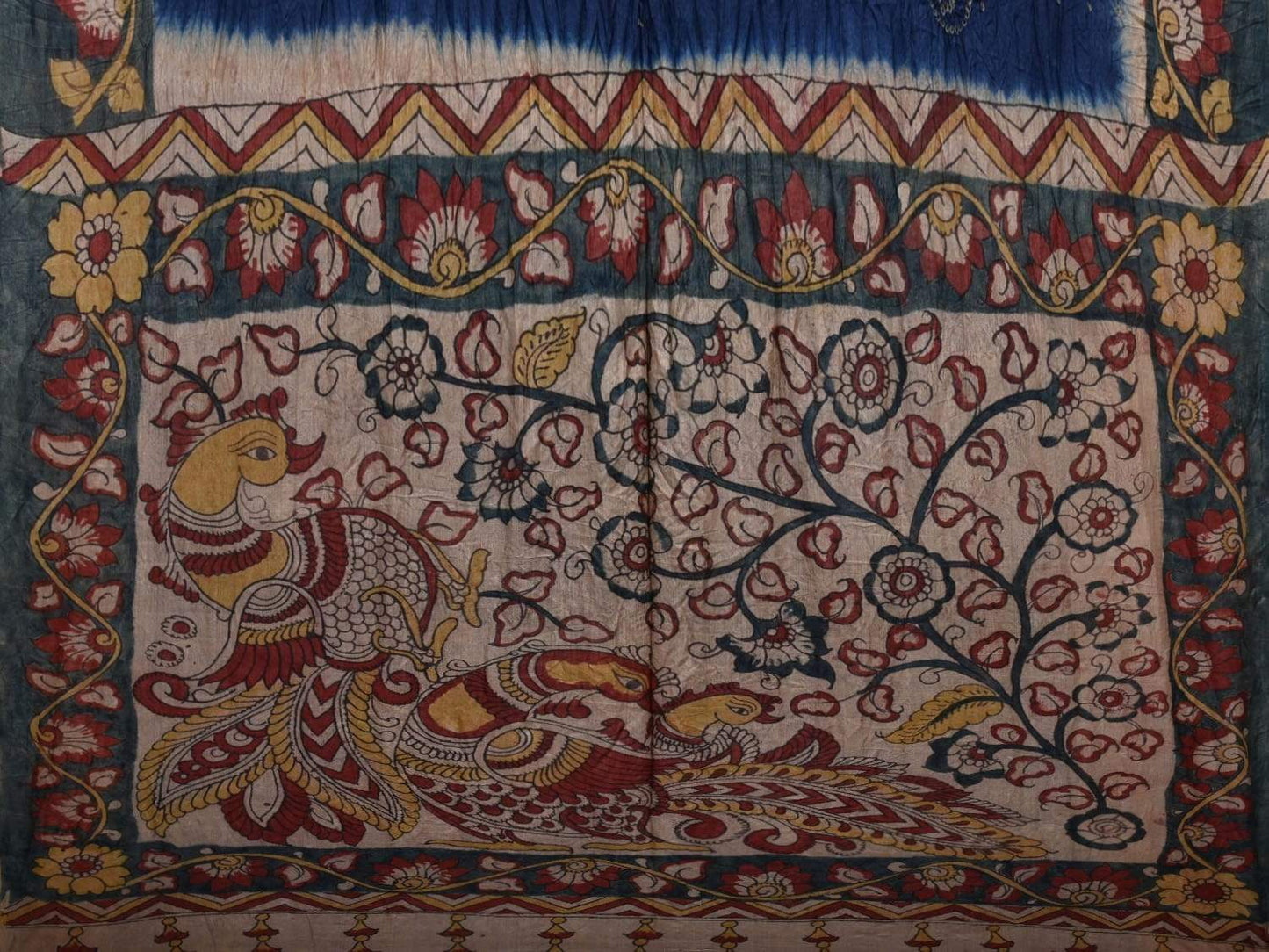 Dark Blue Bandhani Kalamkari Tussar Handloom Saree with Pallu and Border Design bn0245