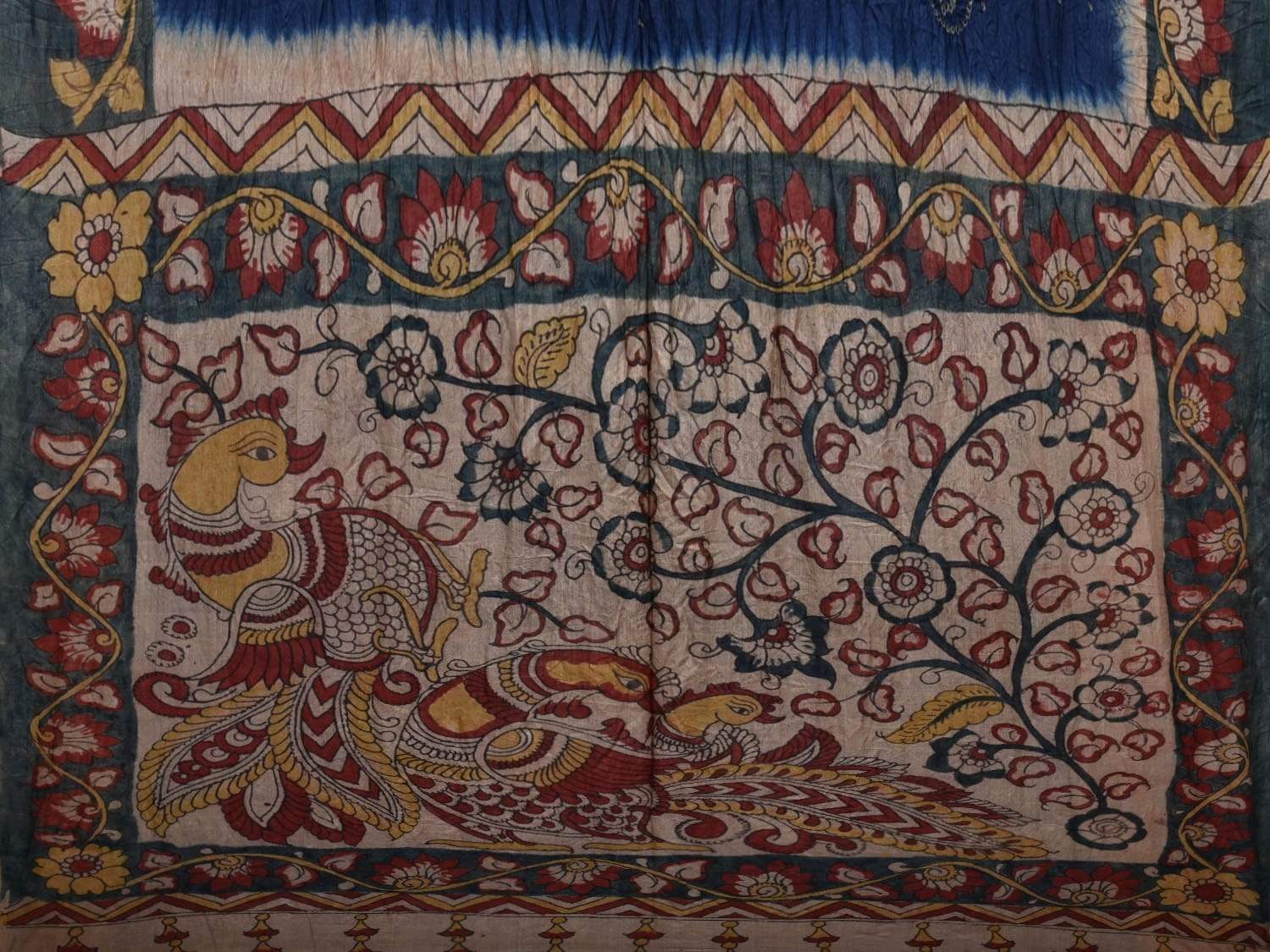 Dark Blue Bandhani Kalamkari Tussar Handloom Saree with Pallu and Border Design bn0245