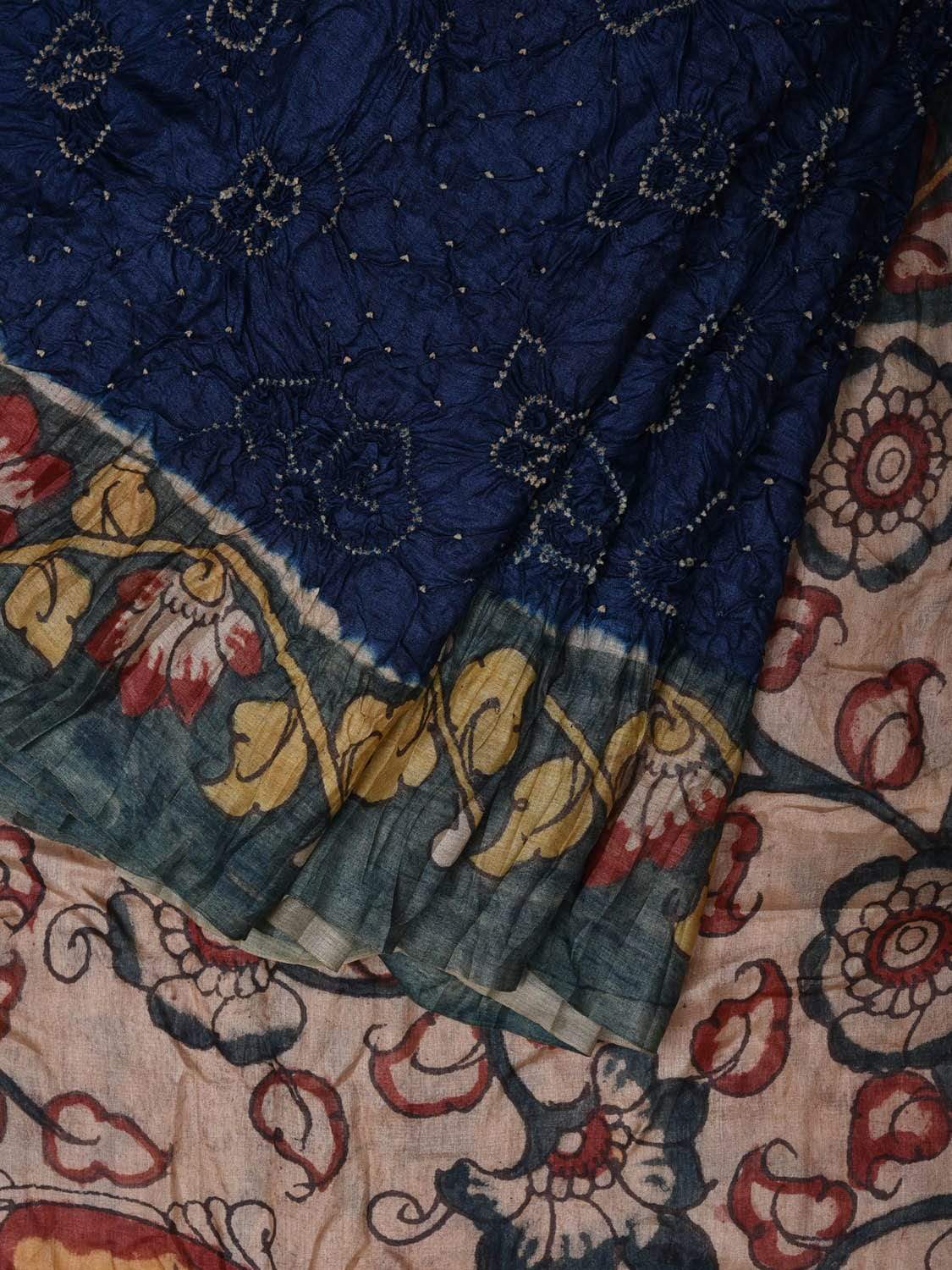 Dark Blue Bandhani Kalamkari Tussar Handloom Saree with Pallu and Border Design bn0245