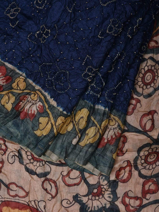 Dark Blue Bandhani Kalamkari Tussar Handloom Saree with Pallu and Border Design bn0245