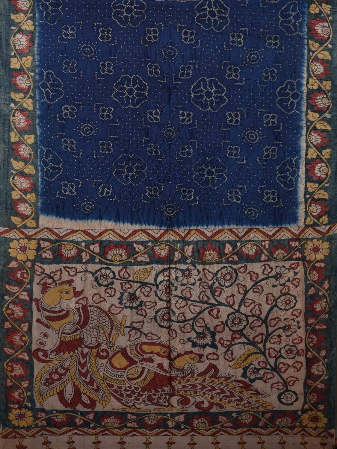 Dark Blue Bandhani Kalamkari Tussar Handloom Saree with Pallu and Border Design bn0245