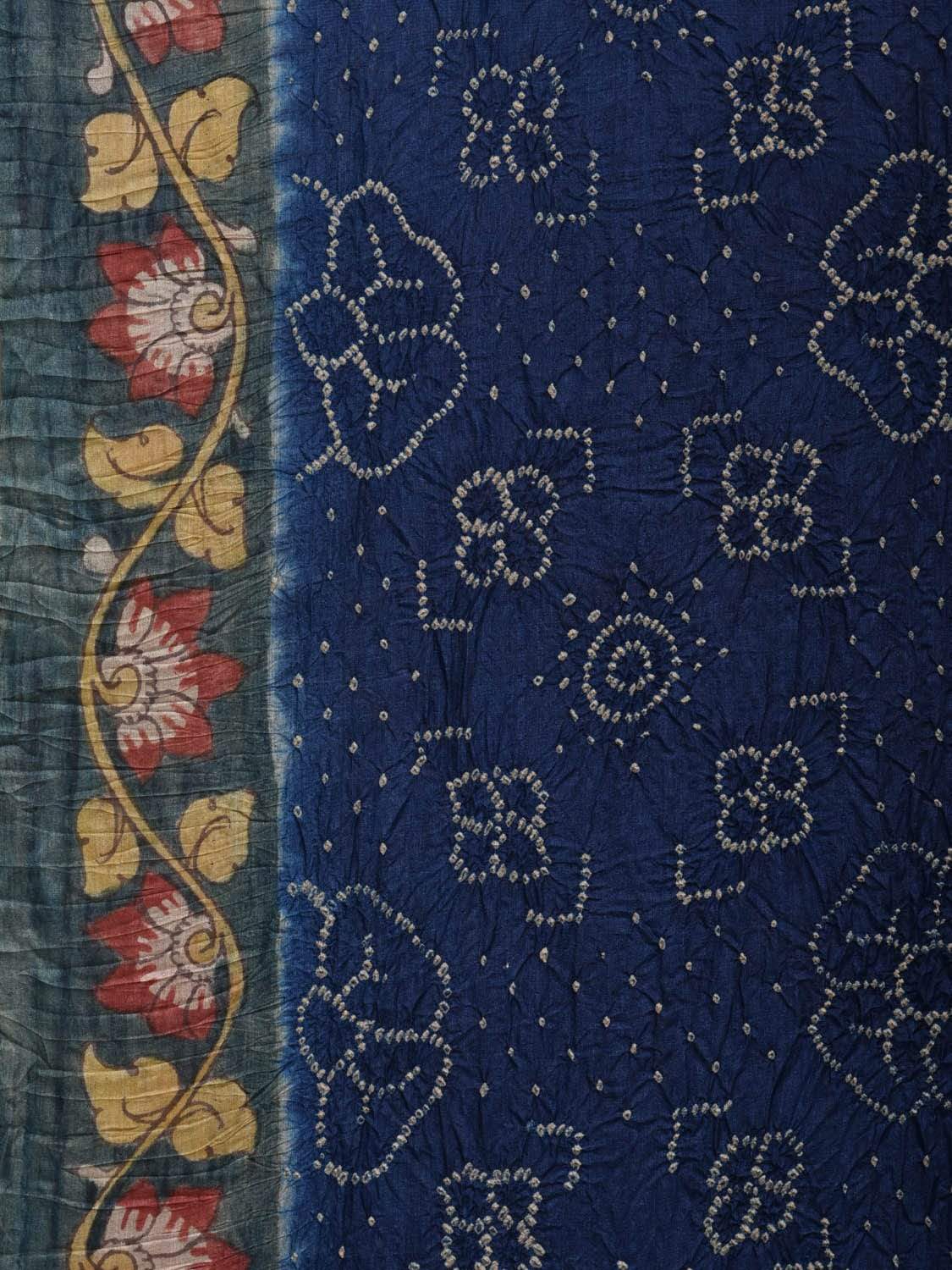 Dark Blue Bandhani Kalamkari Tussar Handloom Saree with Pallu and Border Design bn0245