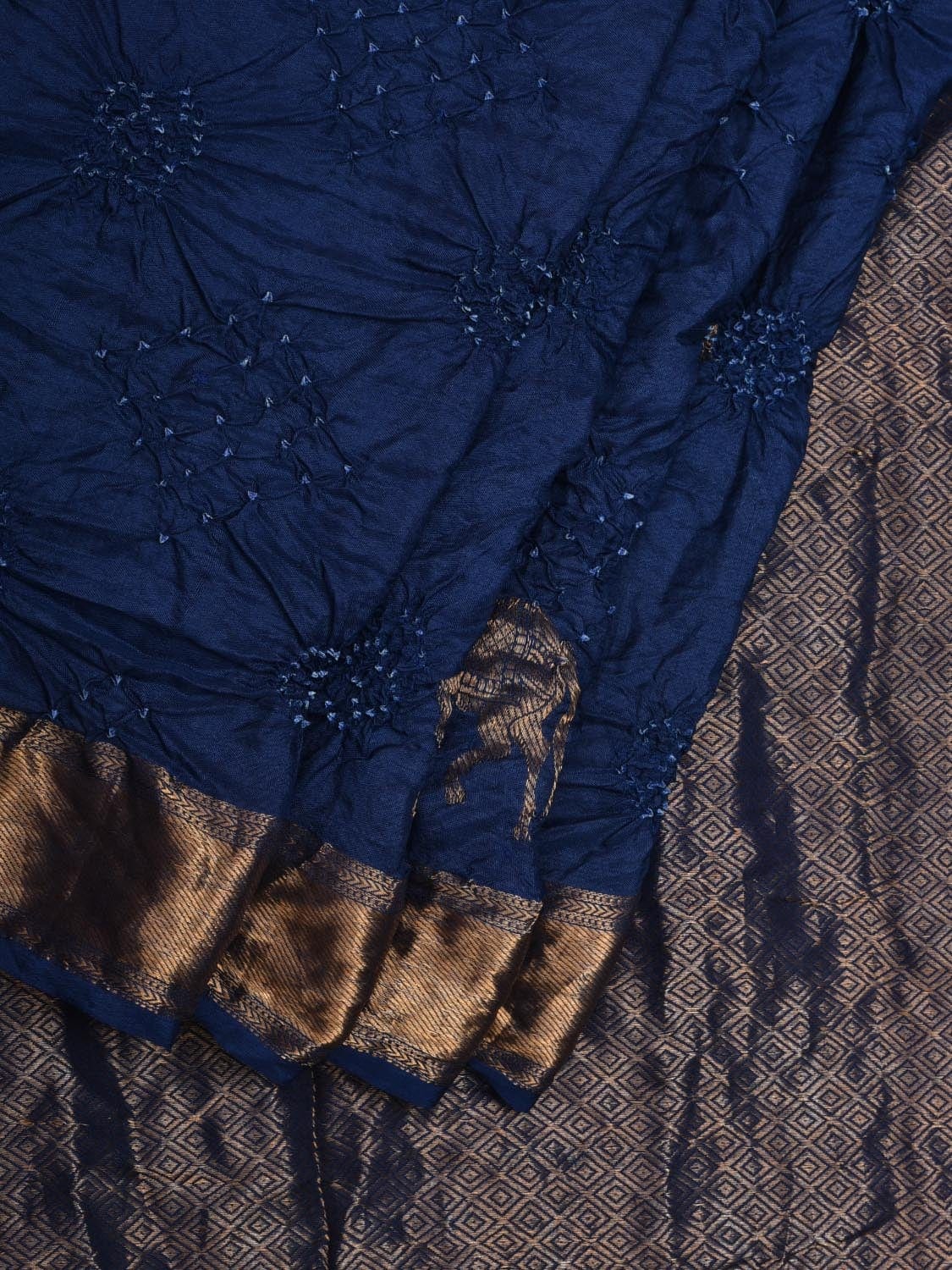 Dark Blue Bandhani Kanchipuram Silk Handloom Saree with Horse Buta and Corner Mango Design bn0321