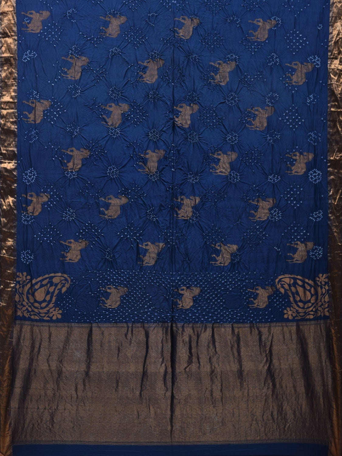 Dark Blue Bandhani Kanchipuram Silk Handloom Saree with Horse Buta and Corner Mango Design bn0321