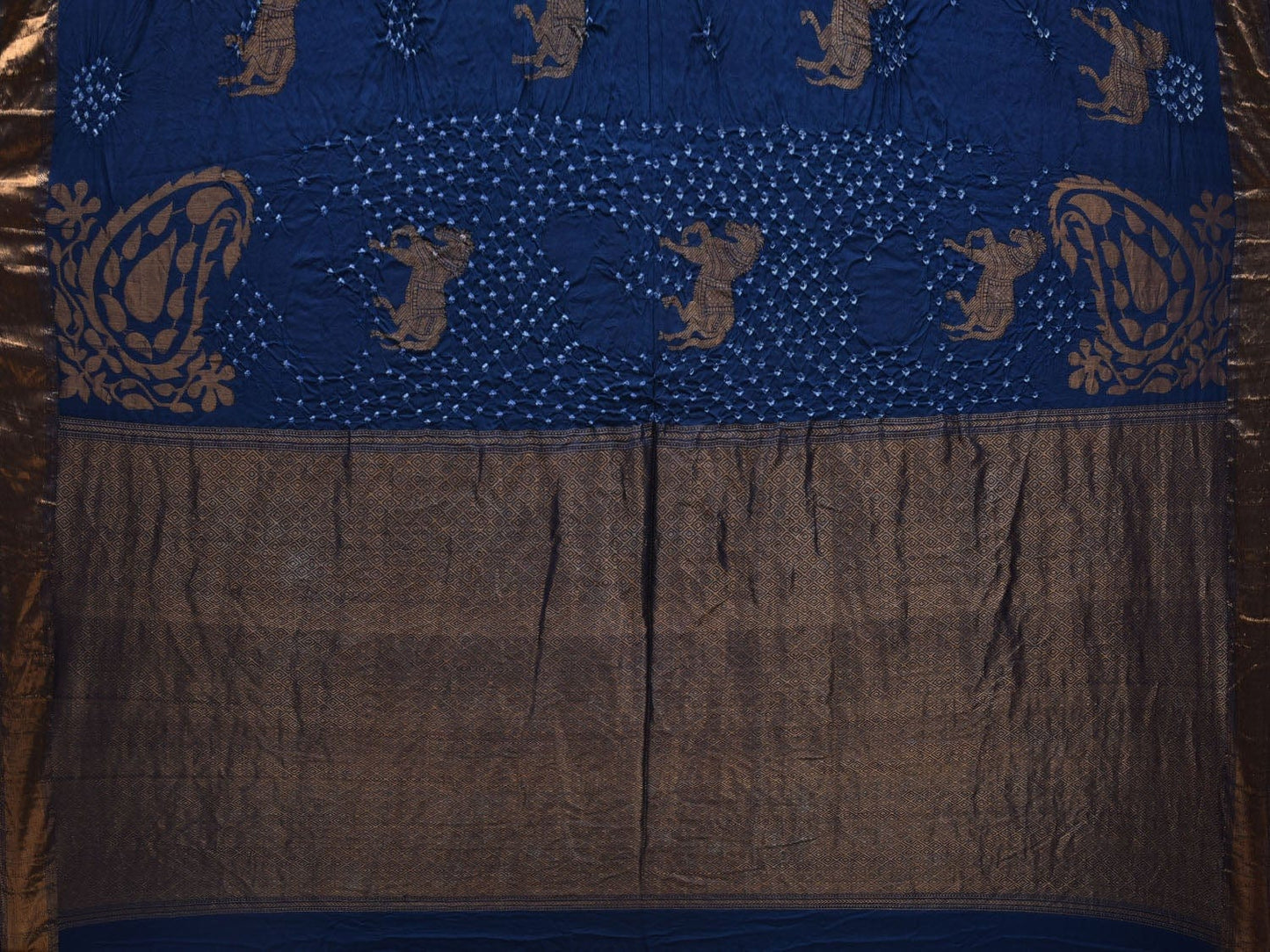 Dark Blue Bandhani Kanchipuram Silk Handloom Saree with Horse Buta and Corner Mango Design bn0321