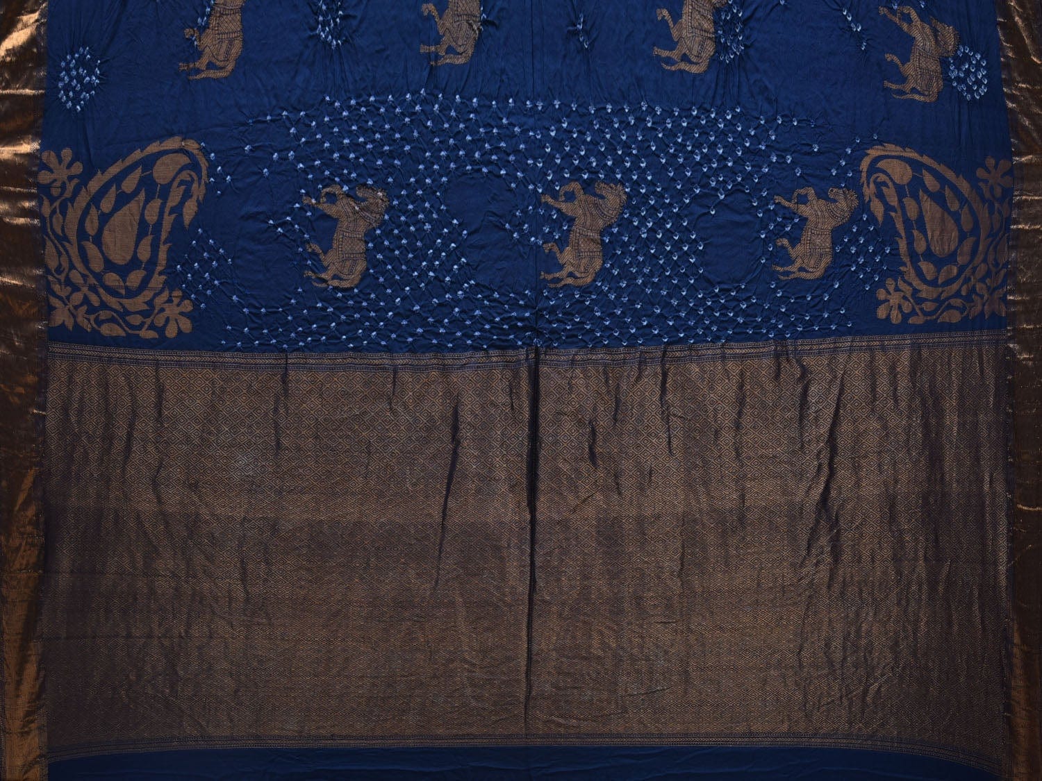 Dark Blue Bandhani Kanchipuram Silk Handloom Saree with Horse Buta and Corner Mango Design bn0321
