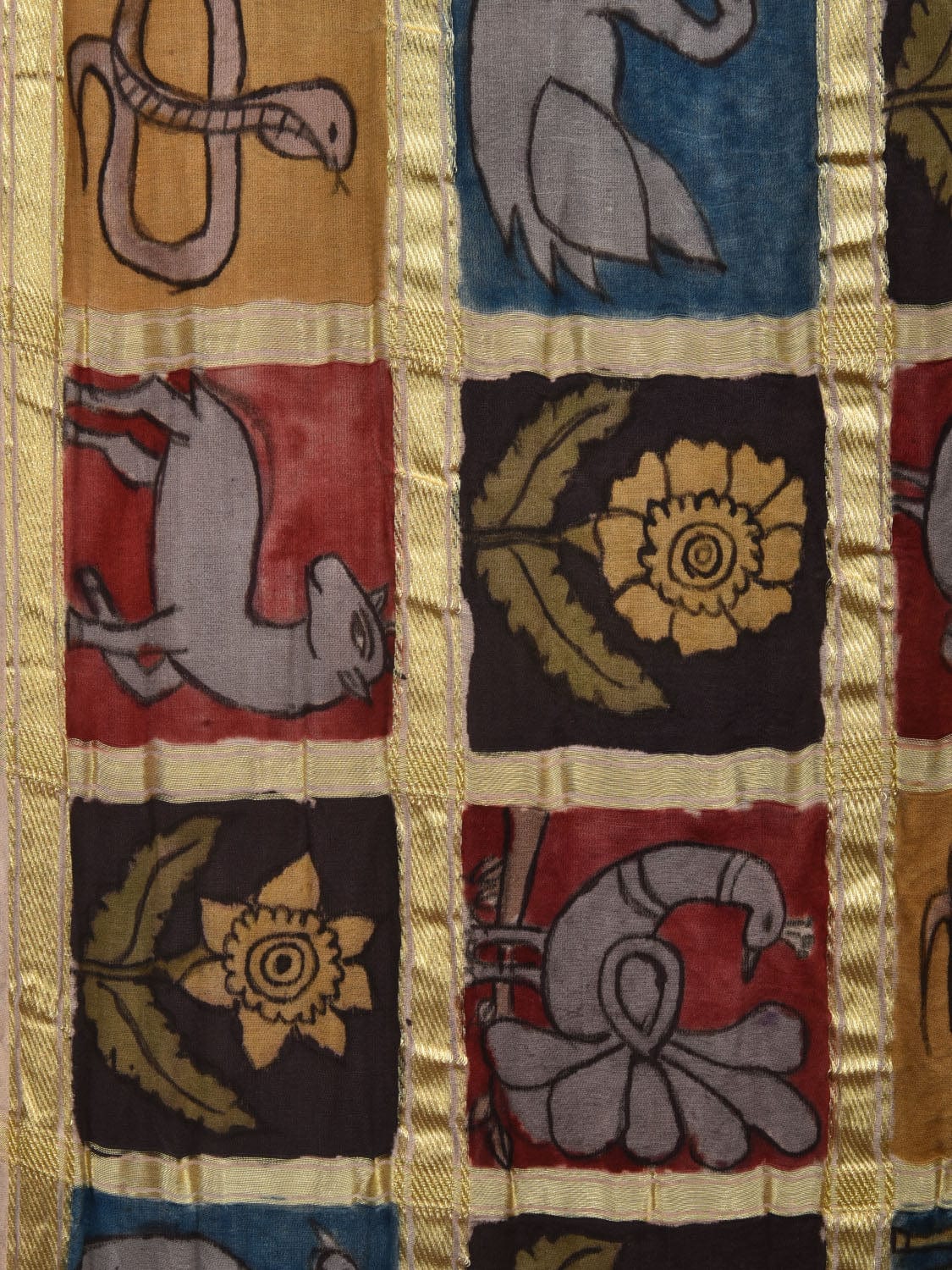 Dark Blue Bandhani Kanchipuram Silk Handloom Saree with Kalamkari Hand Painted Body and Checks Design bn0425