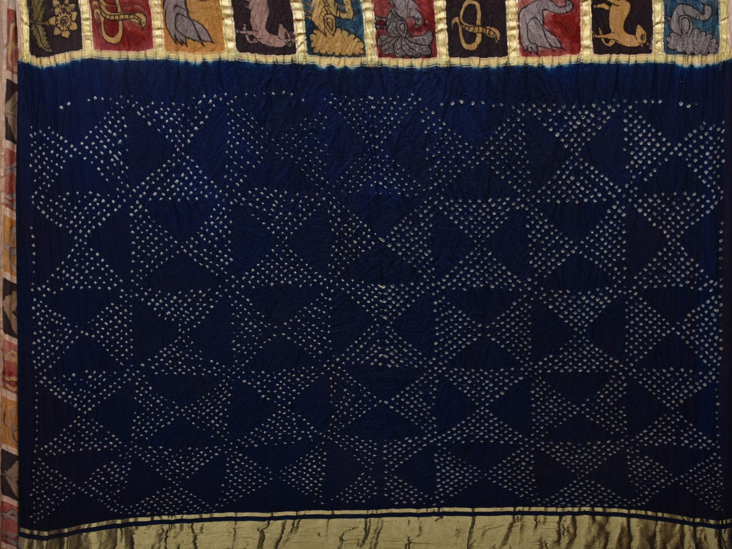Dark Blue Bandhani Kanchipuram Silk Handloom Saree with Kalamkari Hand Painted Body and Checks Design bn0425