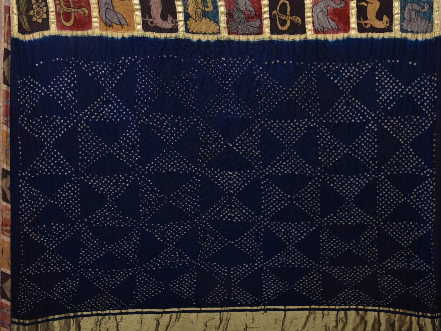 Dark Blue Bandhani Kanchipuram Silk Handloom Saree with Kalamkari Hand Painted Body and Checks Design bn0425
