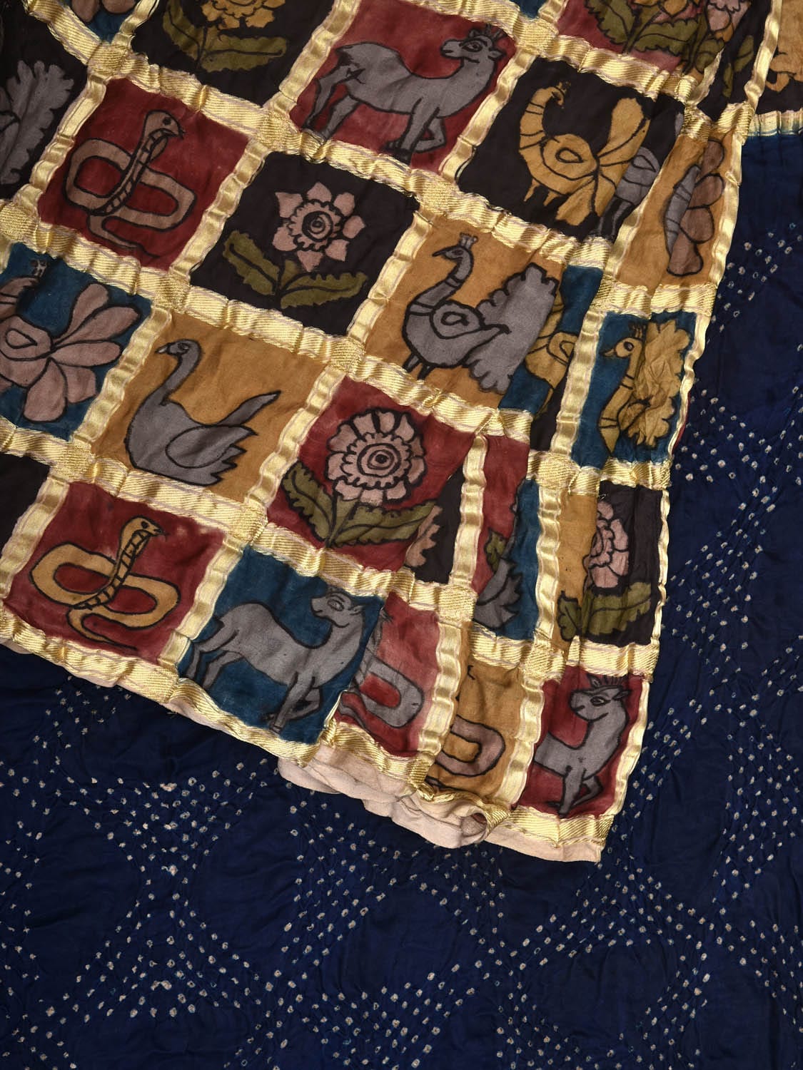 Dark Blue Bandhani Kanchipuram Silk Handloom Saree with Kalamkari Hand Painted Body and Checks Design bn0425