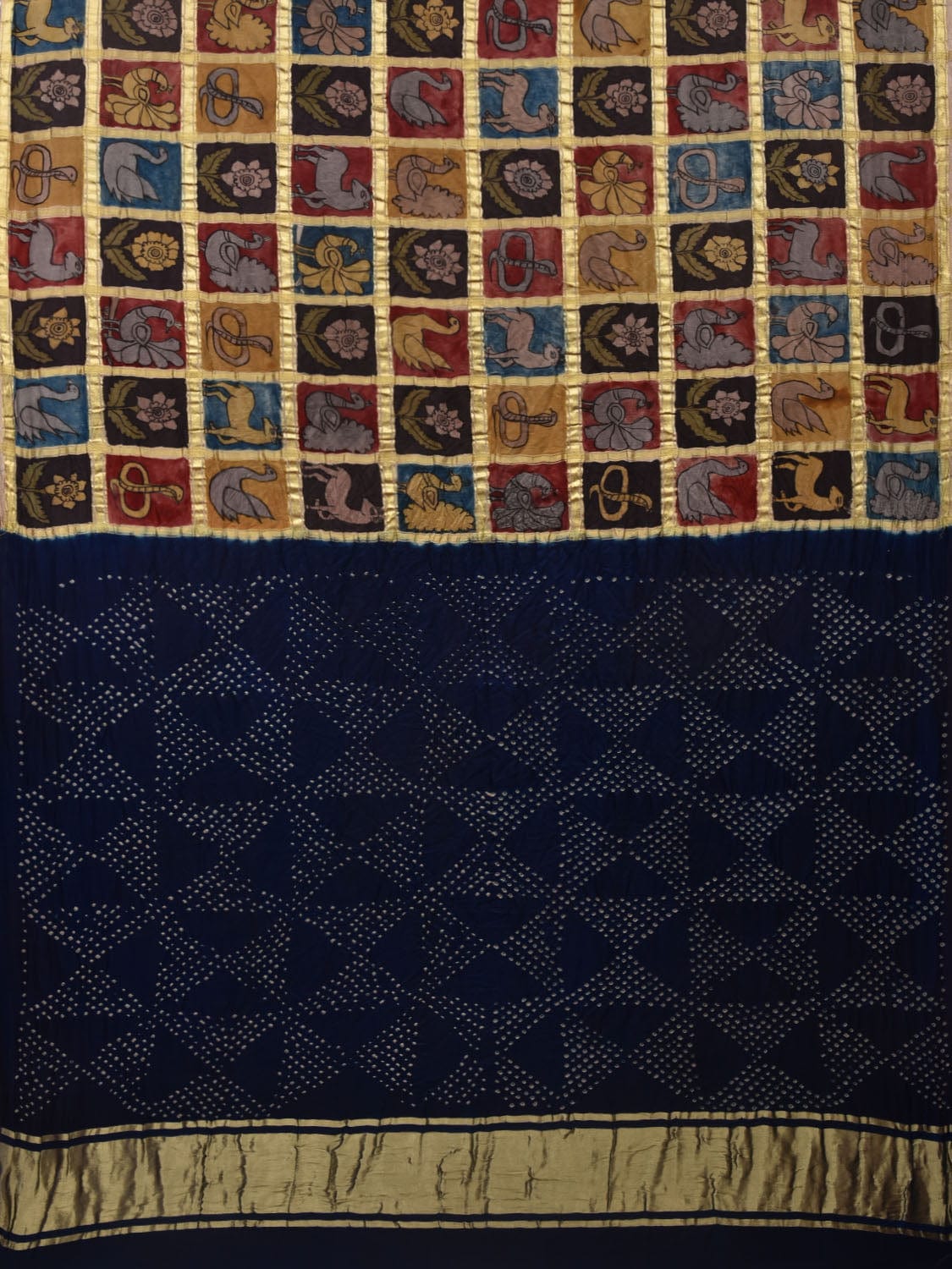 Dark Blue Bandhani Kanchipuram Silk Handloom Saree with Kalamkari Hand Painted Body and Checks Design bn0425