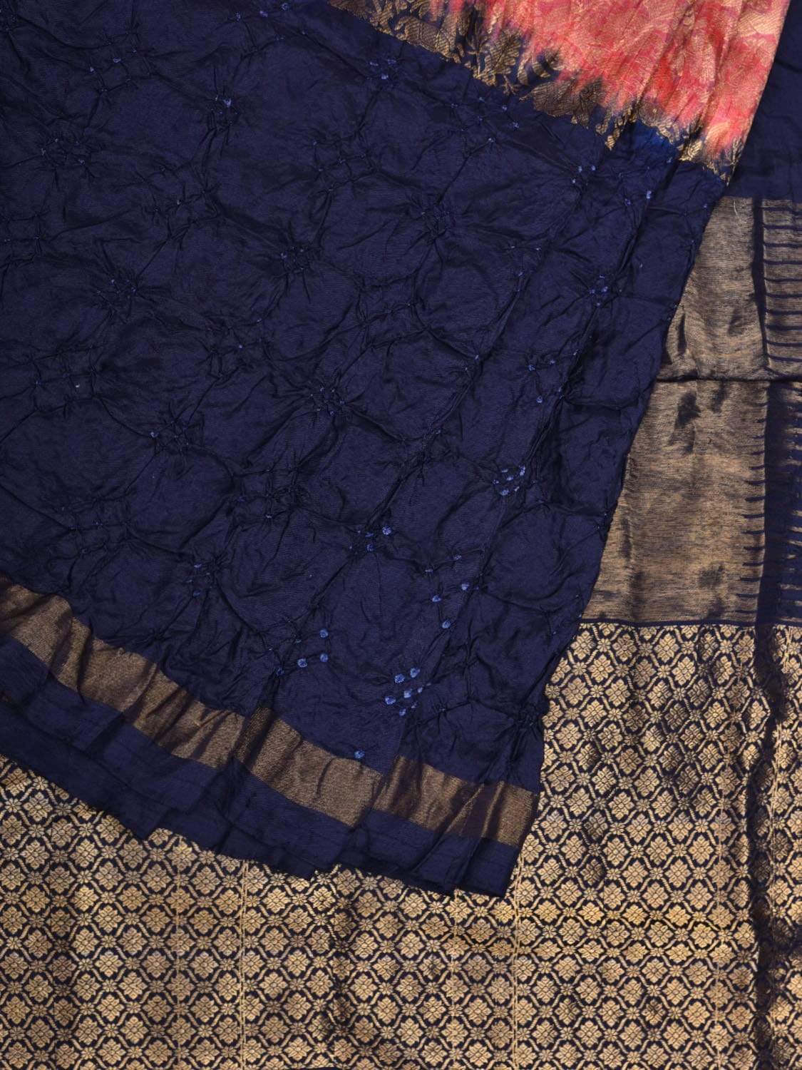 Dark Blue Bandhani Kanchipuram Silk Handloom Saree with Middle Brocade Design bn0314